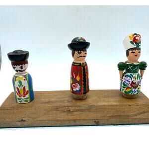 Vintage Hungarian Hand Painted Folk Art Dolls Bottle Stoppers 3 with wood stand